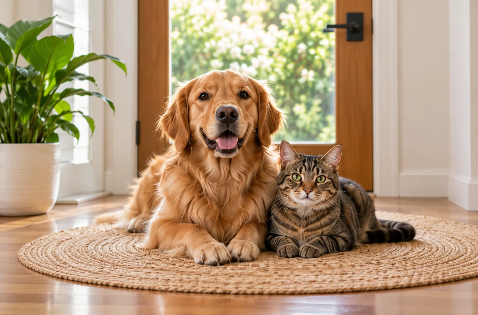 A dog and cat resting together by the front door at home.