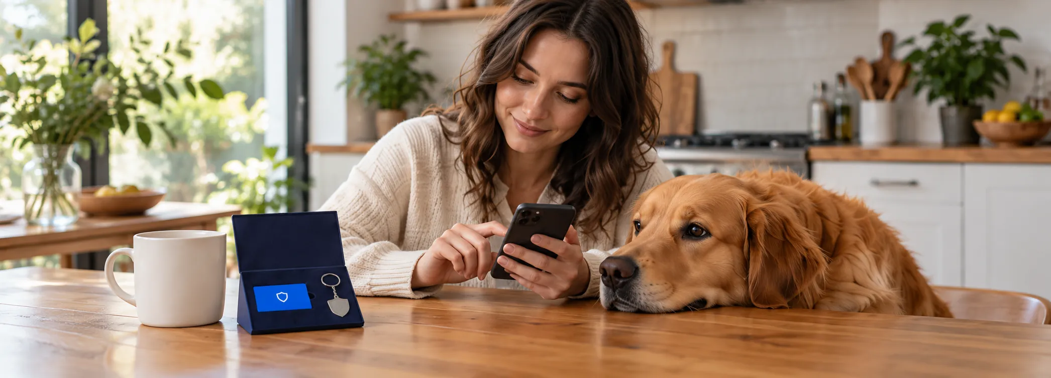 A pet owner using her phone beside her dog, with an open PetKin KinKit and a plain mug on the table.